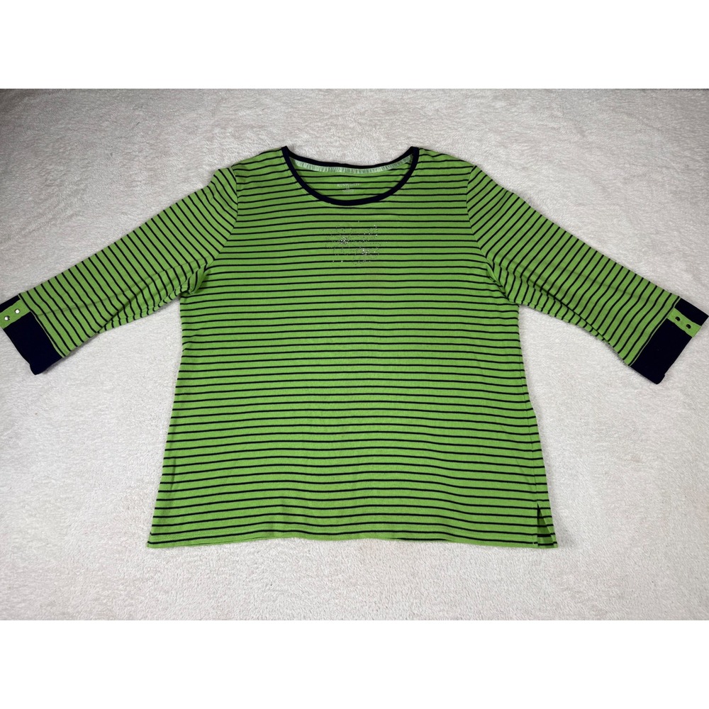 Allison Daley Top Womens 2X Green Navy Striped Rhinestone 3/4 Sleeve Sparkle